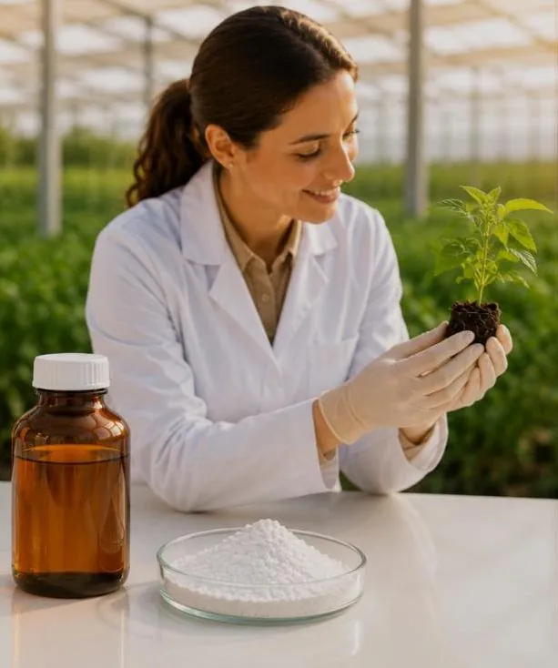 Investigadora sosteniendo una planta joven en un invernadero