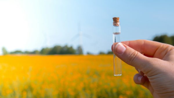 Hand holding test tube with liquid on background of canola flowers field blooming farm. Rapeseed oil